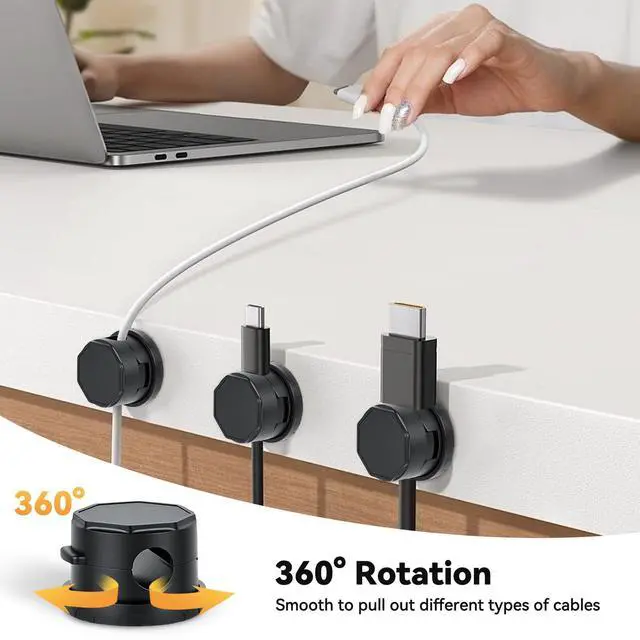 Alt view image 3 of 7 - 12 Pack Cable Management Holder Magnetic 360° Rotatable Cable Clips Self-Adhesive Cord Organizer Holders for Nightstand, Office, Desk, Desk Organizers and Accessories