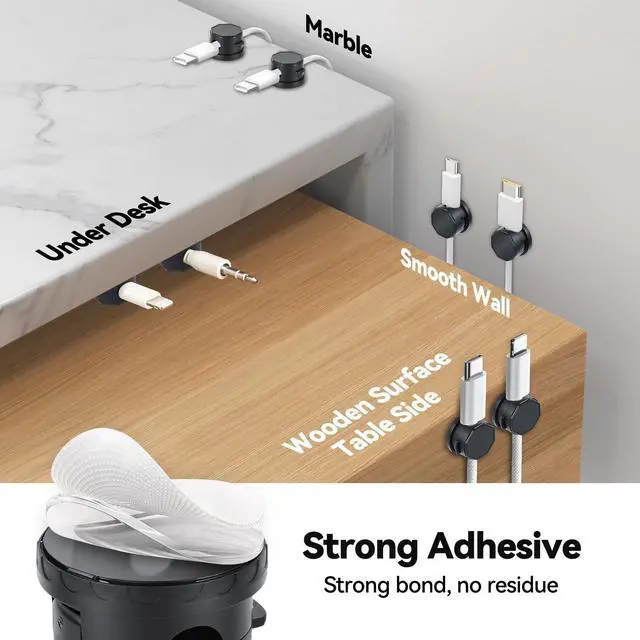 Alt view image 5 of 7 - 12 Pack Cable Management Holder Magnetic 360° Rotatable Cable Clips Self-Adhesive Cord Organizer Holders for Nightstand, Office, Desk, Desk Organizers and Accessories