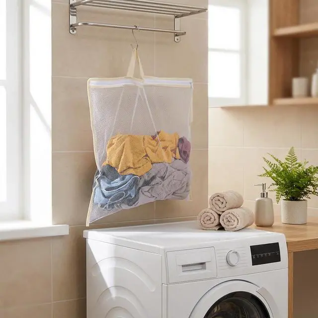 Alt view image 4 of 7 - 4 Pcs Mesh Laundry Bags for Washing Machine, Wash Bag for Clothes | 4 Sizes Hanging Wash Bags with S Hooks for Delicates Lingerie Socks, Reusable Honeycomb Mesh Laundry Organizer