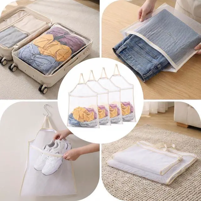 Alt view image 5 of 7 - 4 Pcs Mesh Laundry Bags for Washing Machine, Wash Bag for Clothes | 4 Sizes Hanging Wash Bags with S Hooks for Delicates Lingerie Socks, Reusable Honeycomb Mesh Laundry Organizer