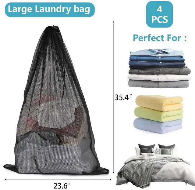 Alt view image 4 of 6 - 4 Pcs Laundry Bags Mesh Wash Bags 23.6 x 35 In Large Laundry Drawstring Bag | Laundry Bag for Home, College, Travel, Dorms