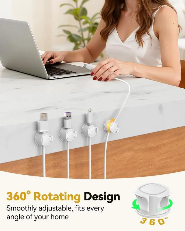 Alt view image 2 of 7 - 8Pack Rotatable Cord Organizer, Spring Cable Clips With Clasp Lock, INCHOR No-Residue Adhesive Cable Organizer, Cord Holder for Nightstand Car Home Office (White)