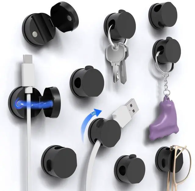 Main image of Magnetic Cable Clips Cord Organizer 10 Pack 360° Adhesive Phone Cord Holder for Desk, Nightstand, Car, Home, Office Cable Management Accessories-Black