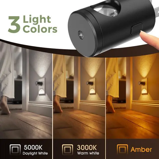 Alt view image 6 of 7 - Night Lights Plug into Wall, Dimmable Night Light Plug in | 3000K/5000K/Amber, 5 Lever Brightness, Nightlight Dusk to Dawn Sensor, 180° Rotatable, Bedroom, Bathroom, Hallway, 2Pack