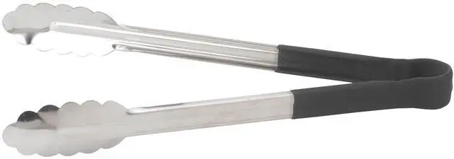 Main image of 12" Black Stainless Steel Serving Tongs with Non-Slip Grip | Dishwasher safe, Non-slip handle, Brightly colored handles, Scalloped edges, Heat resistant, Great for Salads and Buffets