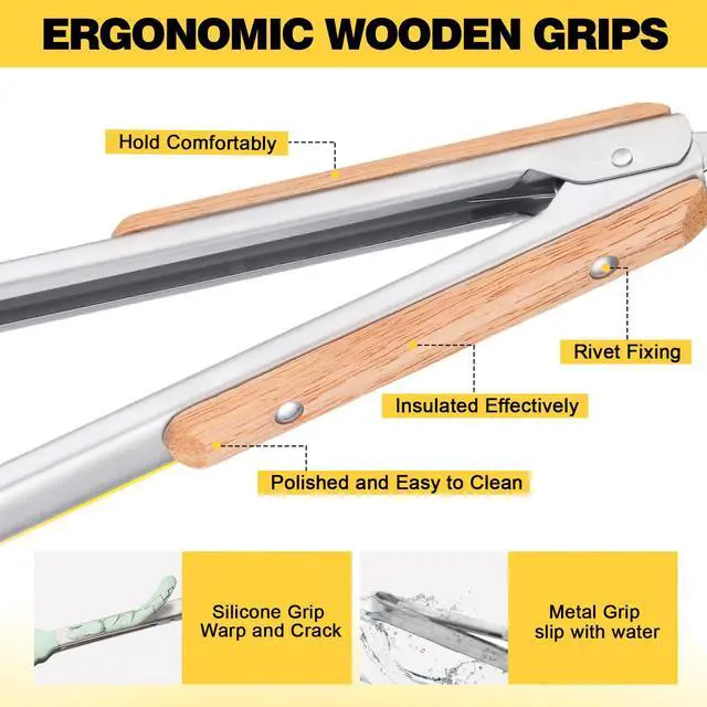 Alt view image 3 of 7 - Metal Kitchen Tongs for Cooking - Heat Resistant 1100°F Stainless Steel Tongs with Comfortable Wooden Grips - Perfect for Grill, Salad, Toaster, Cooking, and Serving Food (12-inch)