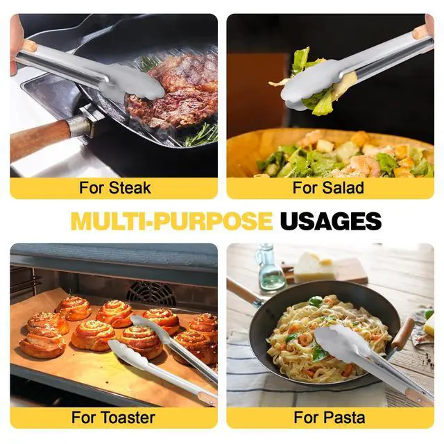 Alt view image 4 of 7 - Metal Kitchen Tongs for Cooking - Heat Resistant 1100°F Stainless Steel Tongs with Comfortable Wooden Grips - Perfect for Grill, Salad, Toaster, Cooking, and Serving Food (12-inch)