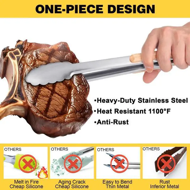 Alt view image 2 of 7 - Metal Kitchen Tongs for Cooking - Heat Resistant 1100°F Stainless Steel Tongs with Comfortable Wooden Grips - Perfect for Grill, Salad, Toaster, Cooking, and Serving Food (12-inch)