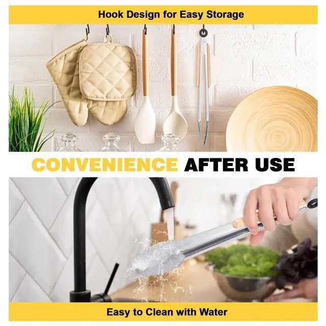 Alt view image 7 of 7 - Metal Kitchen Tongs for Cooking - Heat Resistant 1100°F Stainless Steel Tongs with Comfortable Wooden Grips - Perfect for Grill, Salad, Toaster, Cooking, and Serving Food (12-inch)