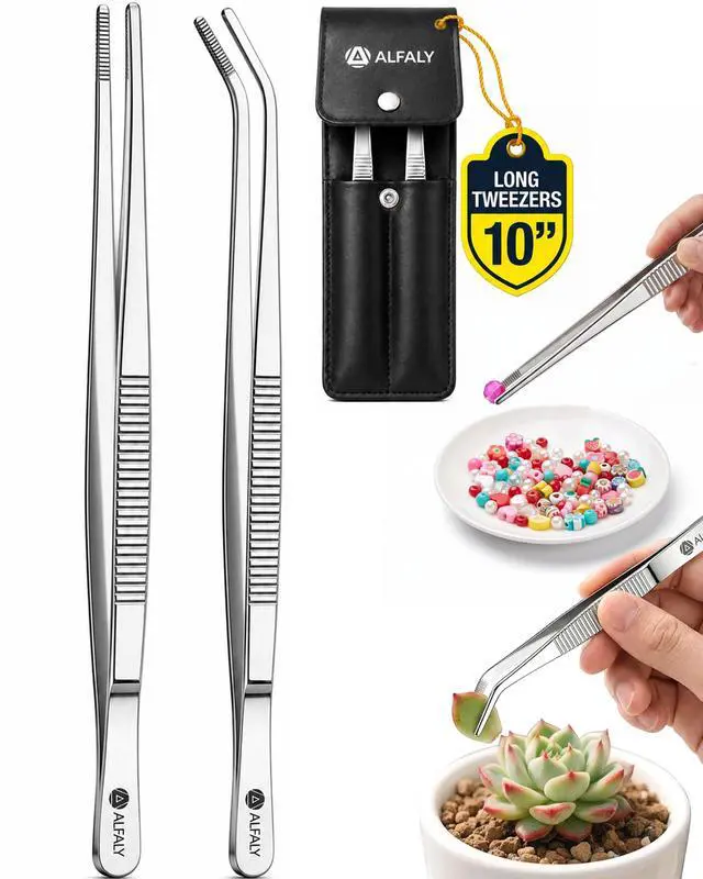 Main image of 2pcs 10" long Tweezers for crafts & Plants - Large Tweezers Multi Purpose | Stainless Steel , Garden Tweezers ,Seed, Succulent , Bonsai ,Cactus , Kitchen, Crafts, Aquarium, Reptile , long handle , Big