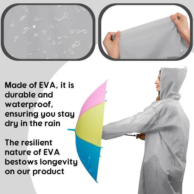Alt view image 4 of 7 - Rain Ponchos for Adults Reusable with Hood Drawstring, Grey | Waterproof Raincoat for Outdoor, Thickened Material, Snap Closure, Long Length Coverage, Portable for Travel Hiking Woman Man