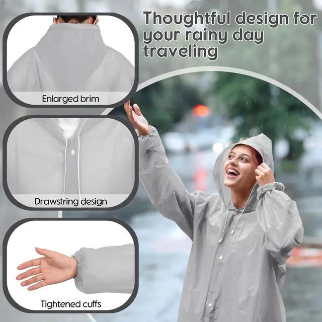 Alt view image 3 of 7 - Rain Ponchos for Adults Reusable with Hood Drawstring, Grey | Waterproof Raincoat for Outdoor, Thickened Material, Snap Closure, Long Length Coverage, Portable for Travel Hiking Woman Man