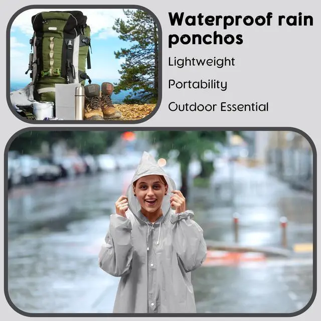 Alt view image 7 of 7 - Rain Ponchos for Adults Reusable with Hood Drawstring, Grey | Waterproof Raincoat for Outdoor, Thickened Material, Snap Closure, Long Length Coverage, Portable for Travel Hiking Woman Man