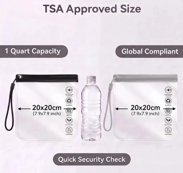 Alt view image 2 of 6 - 6 Pack TSA Clear Toiletry Bag Quart Size Travel Waterproof EVA | TSA/CAA/EU/UK Compliant | Triple-Seal Leakproof | Detachable Handle | 7.87" x 7.87" | 3 Black+3 Gray | Soft Durable EVA