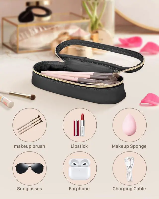 Alt view image 2 of 7 - Clear Travel Makeup Brush Holder, Leather Makeup Brush Toiletry Bag, Portable Cosmetic Brush Case, Transparent Waterproof Makeup Brush Storage Bag, Black