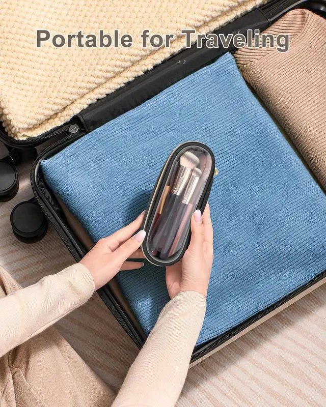 Alt view image 6 of 7 - Clear Travel Makeup Brush Holder, Leather Makeup Brush Toiletry Bag, Portable Cosmetic Brush Case, Transparent Waterproof Makeup Brush Storage Bag, Black