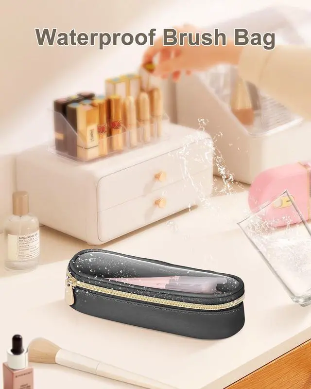 Alt view image 7 of 7 - Clear Travel Makeup Brush Holder, Leather Makeup Brush Toiletry Bag, Portable Cosmetic Brush Case, Transparent Waterproof Makeup Brush Storage Bag, Black