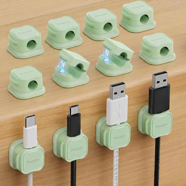 Main image of 12 Pack Magnetic Cable Clip Organizer Cord Holder, Picozon Adhesive Cable Management, Wire Phone USB Charger Cable Holder, Keeper Organizer for Office Home Desktop Table - Green