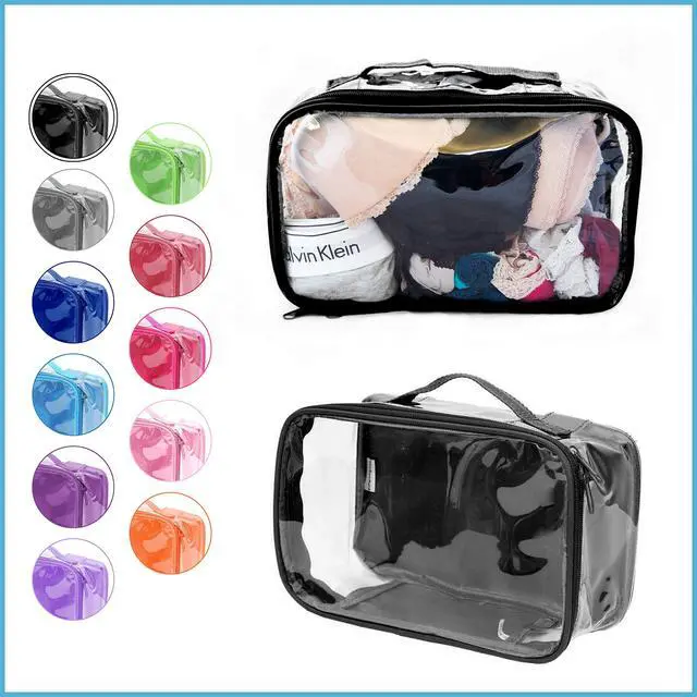 Alt view image 2 of 7 - Small Clear Travel Packing Cube/See Through PVC Plastic Pouch for Carry On Suitcase, Backpack or Diaper Bag/Transparent Multipurpose Accessories, Makeup & Underwear Organizer w/Handle (Black)