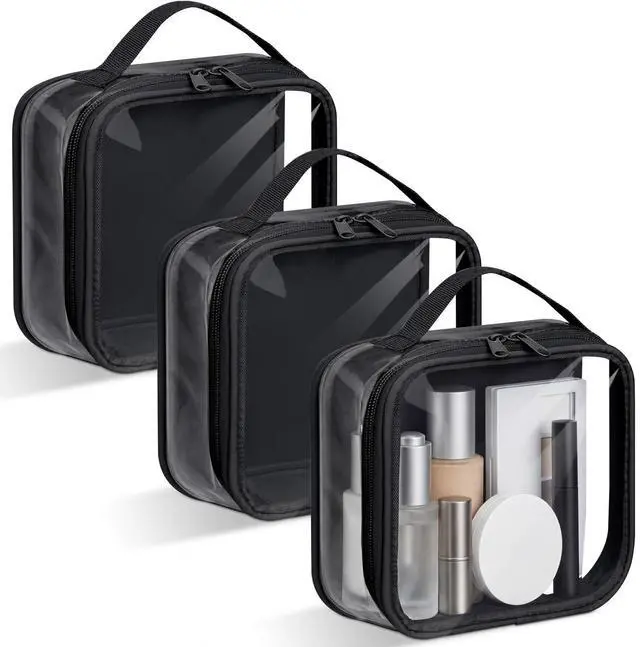 Main image of 3 Pcs Small Toiletry Bags Reusable Quart Size Travel Liquid Pouch Single-sided Clear PVC Carry-on Organizer with Handle Cosmetic Bags for Airport Security Women Men(Black)