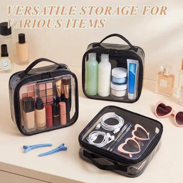 Alt view image 5 of 7 - 3 Pcs Small Toiletry Bags Reusable Quart Size Travel Liquid Pouch Single-sided Clear PVC Carry-on Organizer with Handle Cosmetic Bags for Airport Security Women Men(Black)