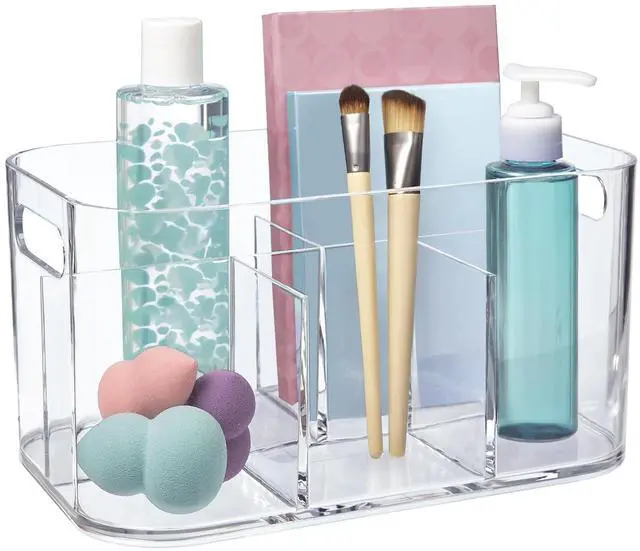 Main image of Bliss 5-Compartment Plastic Cosmetics Storage Organizer | Clear | Rectangular Divided Makeup Bin & Vanity Caddy with Pass-Through Handles | Round Corner Design | Made in USA