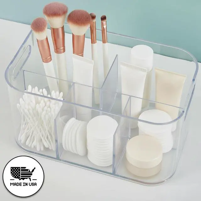 Alt view image 2 of 7 - Bliss 5-Compartment Plastic Cosmetics Storage Organizer | Clear | Rectangular Divided Makeup Bin & Vanity Caddy with Pass-Through Handles | Round Corner Design | Made in USA