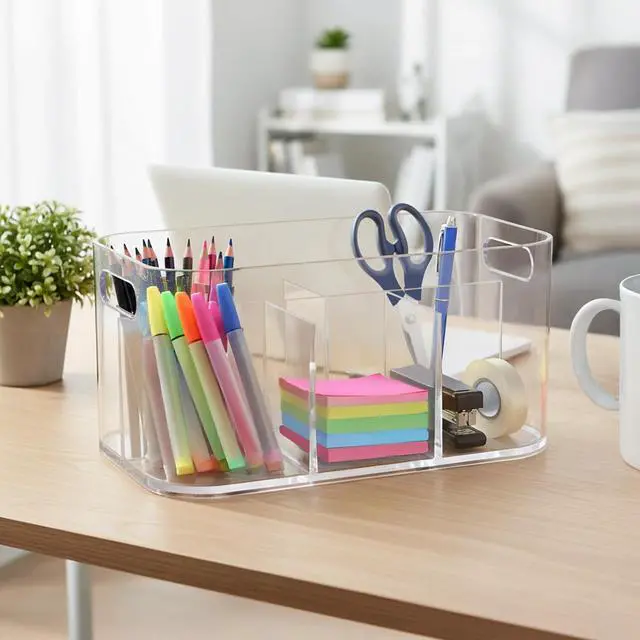 Alt view image 4 of 7 - Bliss 5-Compartment Plastic Cosmetics Storage Organizer | Clear | Rectangular Divided Makeup Bin & Vanity Caddy with Pass-Through Handles | Round Corner Design | Made in USA
