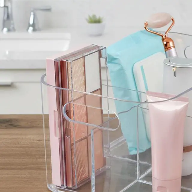 Alt view image 7 of 7 - Bliss 5-Compartment Plastic Cosmetics Storage Organizer | Clear | Rectangular Divided Makeup Bin & Vanity Caddy with Pass-Through Handles | Round Corner Design | Made in USA