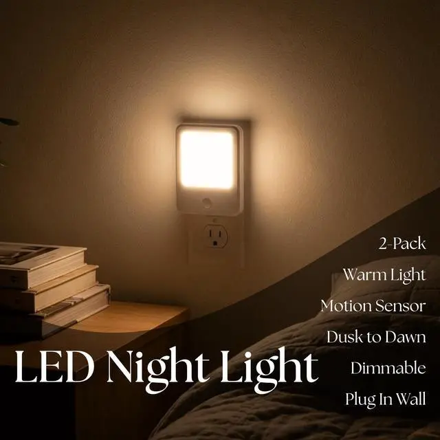 Alt view image 2 of 6 - Plug in Night Lights with Motion Sensor Dusk to Dawn, Dimmable Warm White Soft Light for Hallway, Bedroom, Bathroom, Stairway, Kids Room 2-Pack