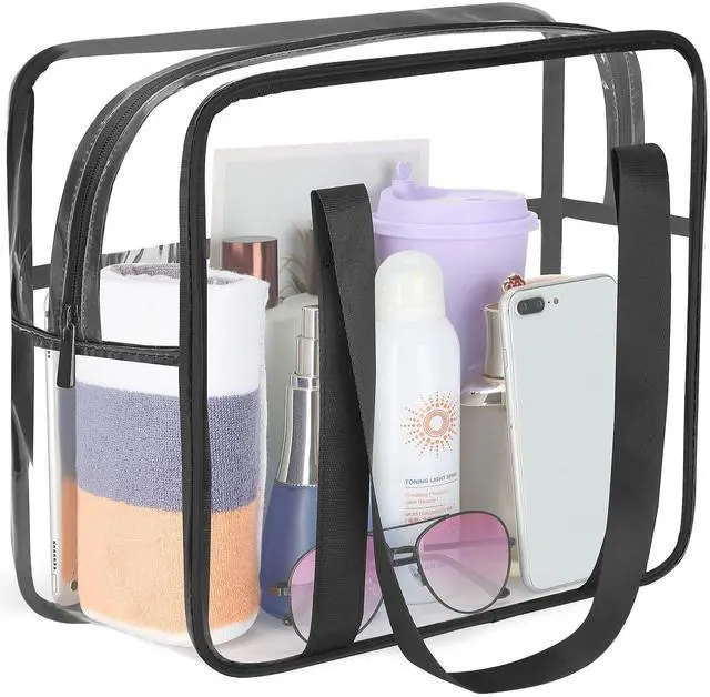 Alt view image 2 of 7 - Extra Large Clear Cosmetic Makeup Bag, Transparent PVC Tote Shoulder Bag Stadium Approved, Waterproof Clear Toiletry Carry Pouch Makeup Artist Bag Diaper Bag (Black)
