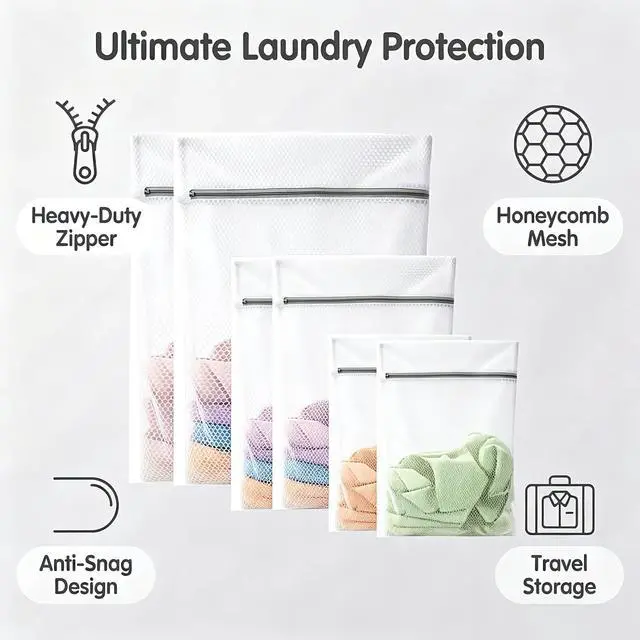 Alt view image 4 of 7 - 6-Pack Honeycomb Zipper Laundry Bags, Durable Mesh Wash Bags for Delicates, Home Dorm Travel Use
