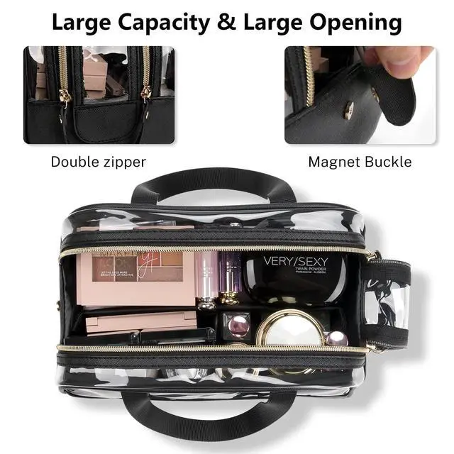 Alt view image 3 of 7 - Clear Makeup Bag, Large Opening TSA Approved Toiletry Bag Portable Cosmetic Bag for Women Tote Bag Waterproof Travel Makeup Bag Organizer