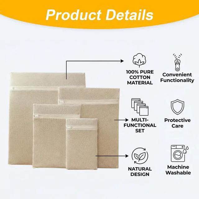 Alt view image 3 of 7 - 4-Piece 100% Cotton Mesh Laundry Bags, Premium Soft No-Dye Natural Delicate Bags with Sturdy Zippers, Breathable for Underwear, Socks, Clothes & Pants