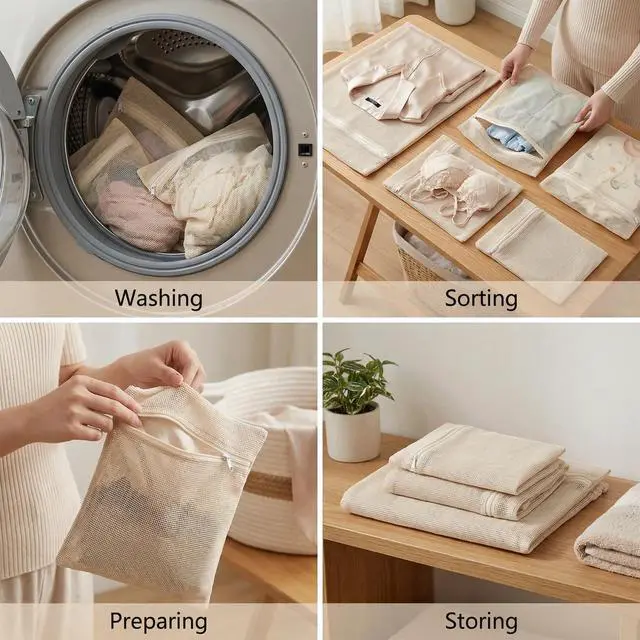 Alt view image 7 of 7 - 4-Piece 100% Cotton Mesh Laundry Bags, Premium Soft No-Dye Natural Delicate Bags with Sturdy Zippers, Breathable for Underwear, Socks, Clothes & Pants
