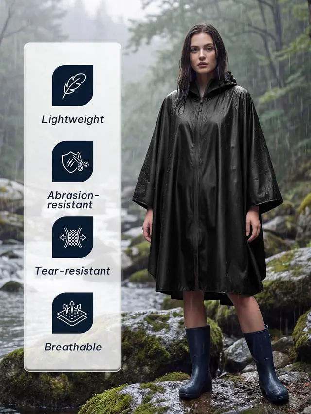 Alt view image 3 of 6 - Adult Rain Poncho Waterproof Lightweight Hooded Packable Raincoat | OEKO-TEX Certified 100% Polyester, Heat-Sealed Seams, Snap-Button Sleeves, Compact Pouch, Lightweight Bulk-Free
