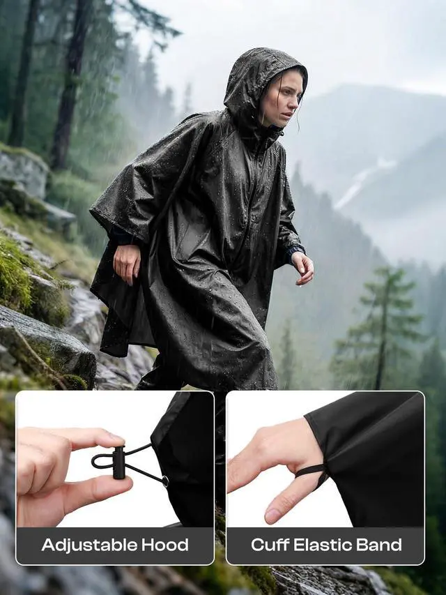 Alt view image 4 of 6 - Adult Rain Poncho Waterproof Lightweight Hooded Packable Raincoat | OEKO-TEX Certified 100% Polyester, Heat-Sealed Seams, Snap-Button Sleeves, Compact Pouch, Lightweight Bulk-Free