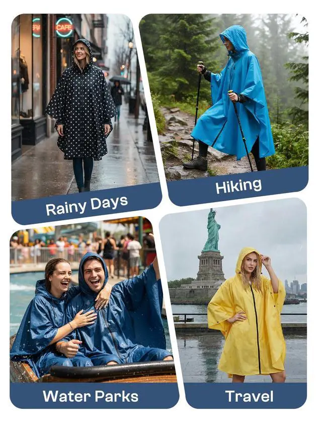 Alt view image 6 of 6 - Adult Rain Poncho Waterproof Lightweight Hooded Packable Raincoat | OEKO-TEX Certified 100% Polyester, Heat-Sealed Seams, Snap-Button Sleeves, Compact Pouch, Lightweight Bulk-Free