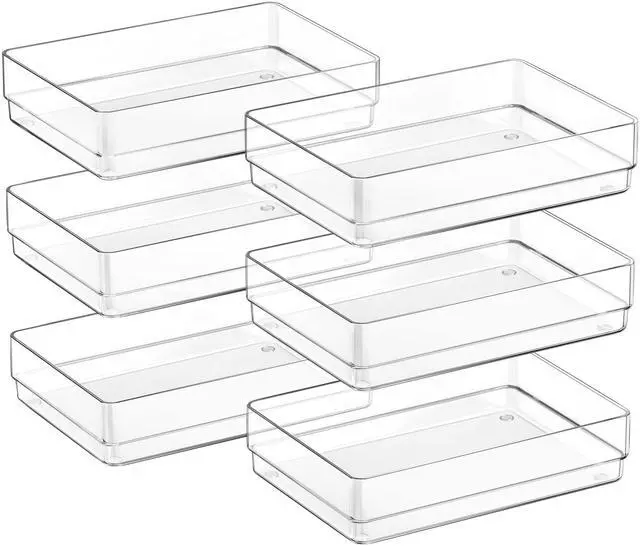 Main image of 6 PCS Clear Plastic Kitchen Large Size Drawer Organizers Set | Non-Slip Desk Drawer Organizer, Bathroom Vanity Drawer Organizer Trays for Makeup, Bedroom, Office, Kitchen Utensils