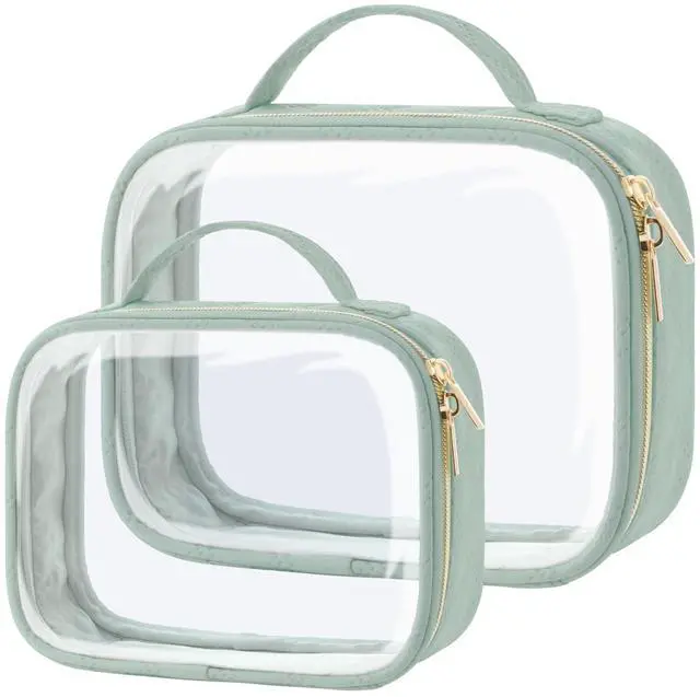 Main image of TSA Approved Toiletry Bag- Clear Makeup Bag Travel, 2 Pack Green | 1 Medium Quart Carry-On & 1 Large Checked-Luggage, 180° Zip-Around Opening, Carry Handle, Clear Easy-Check for Airport, Women