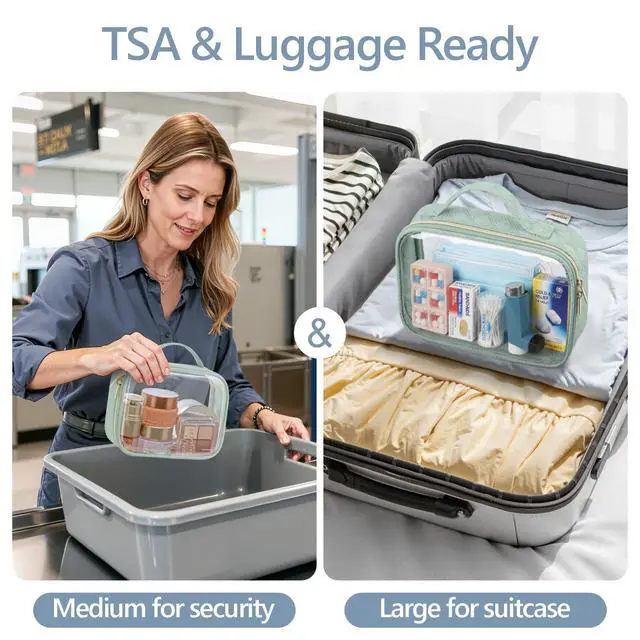 Alt view image 2 of 7 - TSA Approved Toiletry Bag- Clear Makeup Bag Travel, 2 Pack Green | 1 Medium Quart Carry-On & 1 Large Checked-Luggage, 180° Zip-Around Opening, Carry Handle, Clear Easy-Check for Airport, Women