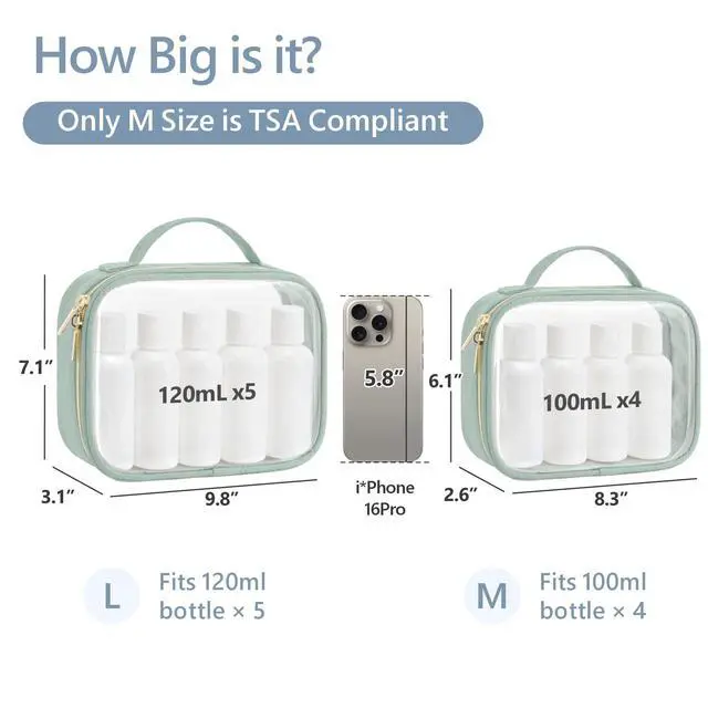 Alt view image 3 of 7 - TSA Approved Toiletry Bag- Clear Makeup Bag Travel, 2 Pack Green | 1 Medium Quart Carry-On & 1 Large Checked-Luggage, 180° Zip-Around Opening, Carry Handle, Clear Easy-Check for Airport, Women