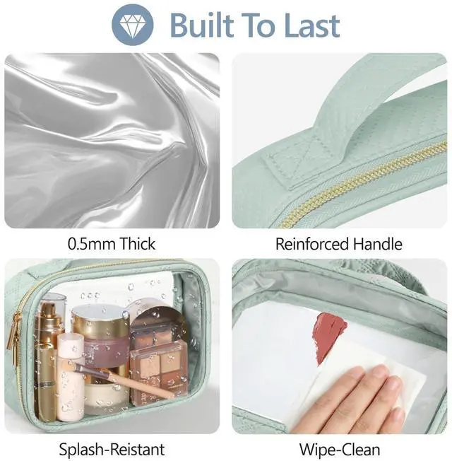 Alt view image 5 of 7 - TSA Approved Toiletry Bag- Clear Makeup Bag Travel, 2 Pack Green | 1 Medium Quart Carry-On & 1 Large Checked-Luggage, 180° Zip-Around Opening, Carry Handle, Clear Easy-Check for Airport, Women
