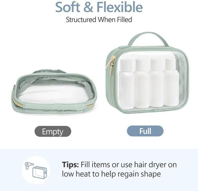 Alt view image 7 of 7 - TSA Approved Toiletry Bag- Clear Makeup Bag Travel, 2 Pack Green | 1 Medium Quart Carry-On & 1 Large Checked-Luggage, 180° Zip-Around Opening, Carry Handle, Clear Easy-Check for Airport, Women