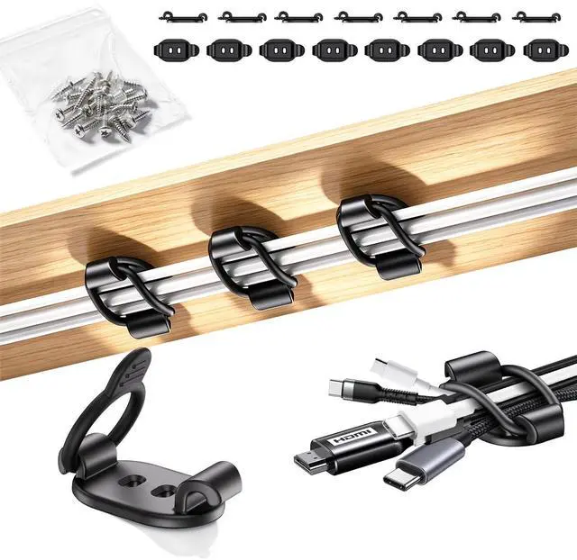 Main image of Elastic Adhesive Cable Clips Wire Holder Cord Organizer 15 Pack | Black Under Desk Cable Management Clip for Home Office, Desktop, Behind TV, Wall, Phone Charger, USB, Ethernet, HDMI, PC