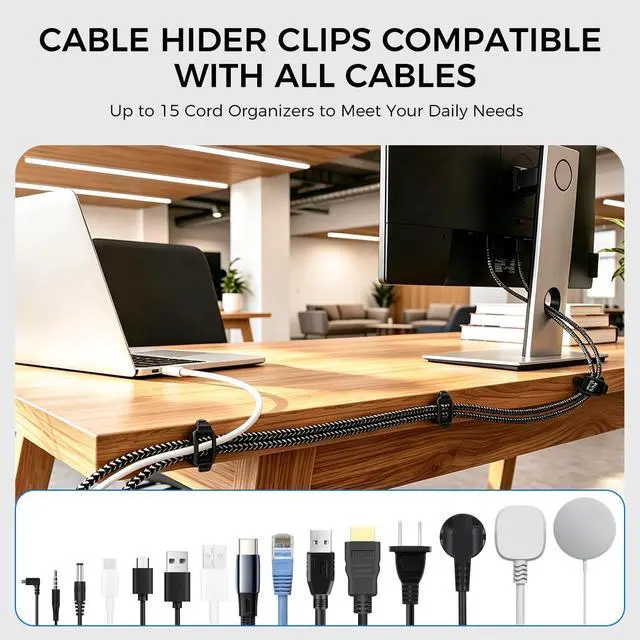 Alt view image 3 of 7 - Elastic Adhesive Cable Clips Wire Holder Cord Organizer 15 Pack | Black Under Desk Cable Management Clip for Home Office, Desktop, Behind TV, Wall, Phone Charger, USB, Ethernet, HDMI, PC
