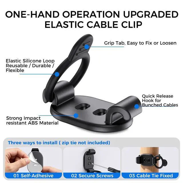 Alt view image 6 of 7 - Elastic Adhesive Cable Clips Wire Holder Cord Organizer 15 Pack | Black Under Desk Cable Management Clip for Home Office, Desktop, Behind TV, Wall, Phone Charger, USB, Ethernet, HDMI, PC