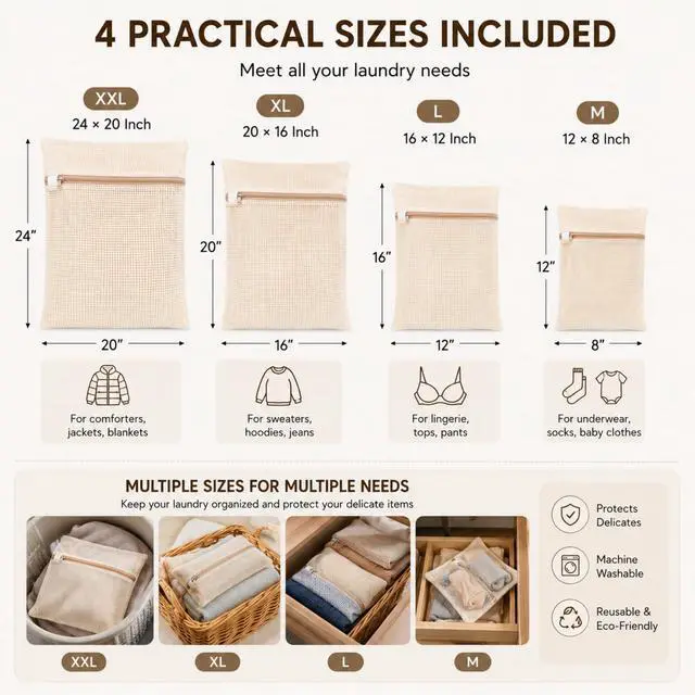 Alt view image 2 of 7 - 100% Cotton Mesh Laundry Bags, Rust-Proof Zipper Wash Bags for Delicates, Natural Undyed Bags for Lingerie, Sweaters and Baby Clothes, Set of 4 (Natural Cotton, XXL × XL × L × M)