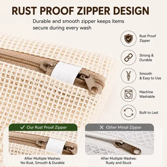 Alt view image 3 of 7 - 100% Cotton Mesh Laundry Bags, Rust-Proof Zipper Wash Bags for Delicates, Natural Undyed Bags for Lingerie, Sweaters and Baby Clothes, Set of 4 (Natural Cotton, XXL × XL × L × M)
