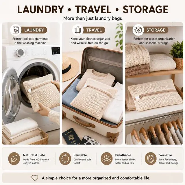Alt view image 7 of 7 - 100% Cotton Mesh Laundry Bags, Rust-Proof Zipper Wash Bags for Delicates, Natural Undyed Bags for Lingerie, Sweaters and Baby Clothes, Set of 4 (Natural Cotton, XXL × XL × L × M)